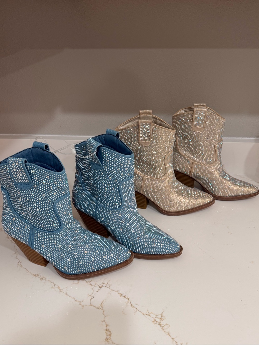 Rhinestone Embellished Ankle Cowboy Boots in Blue and Cream 2 PAIR NEW